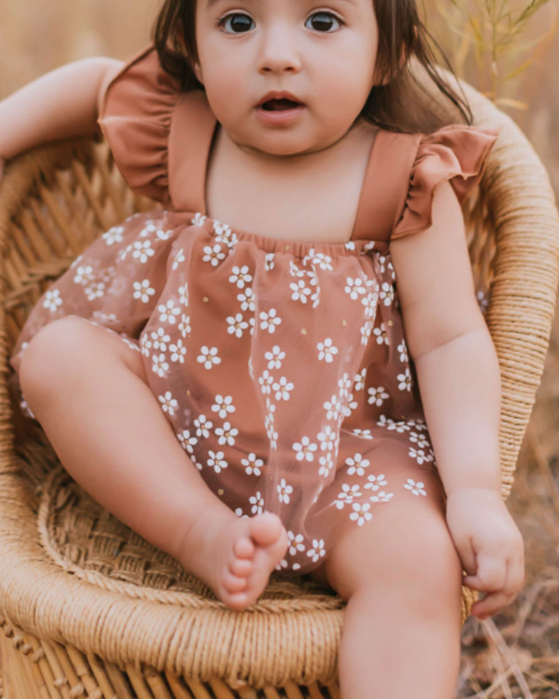 Dixie Dress Romper - Mocha Daisies by Bailey's Blossoms