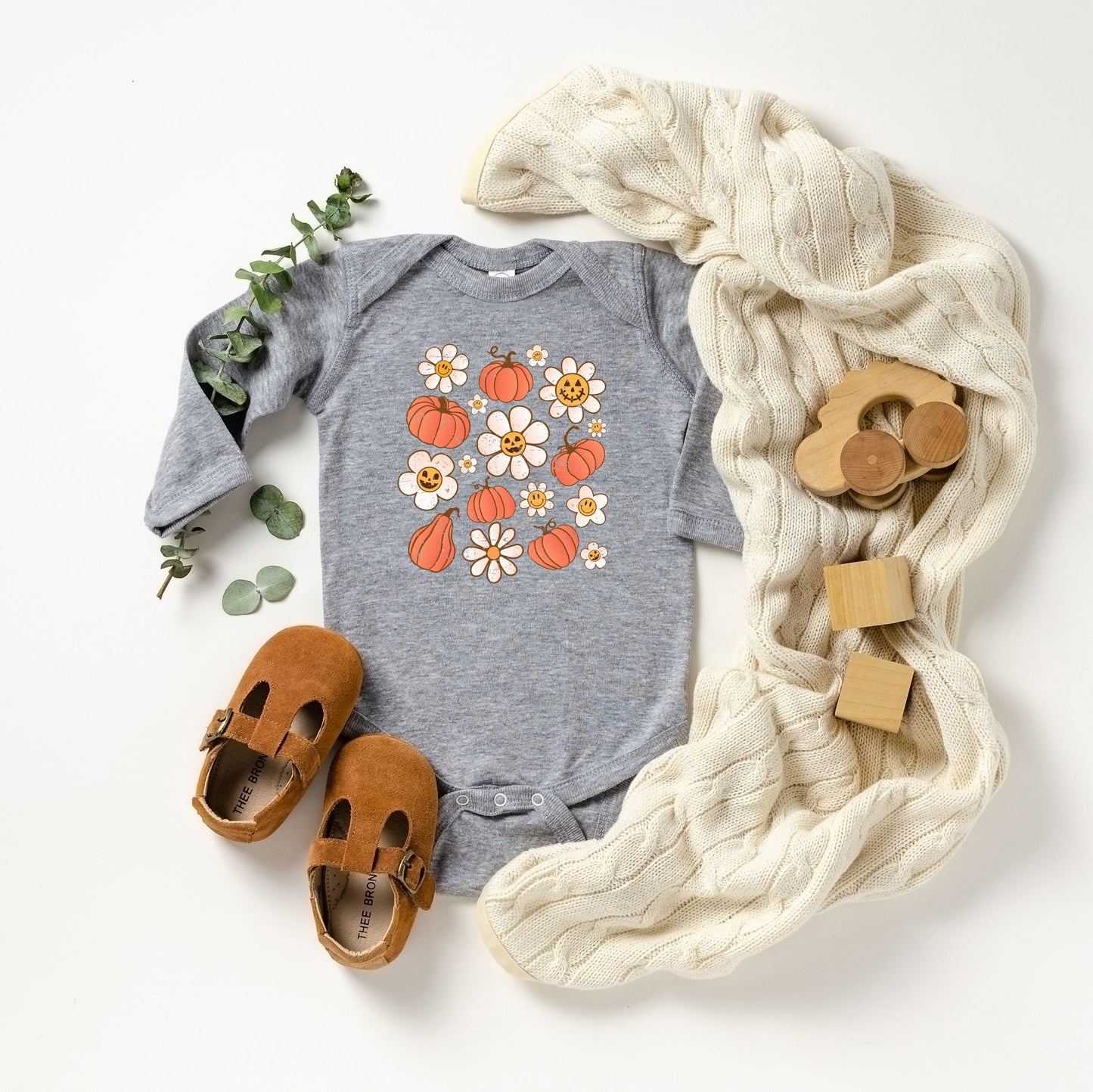 Distressed Flowers And Pumpkins | Baby Long Sleeve Onesie by The Juniper Shop