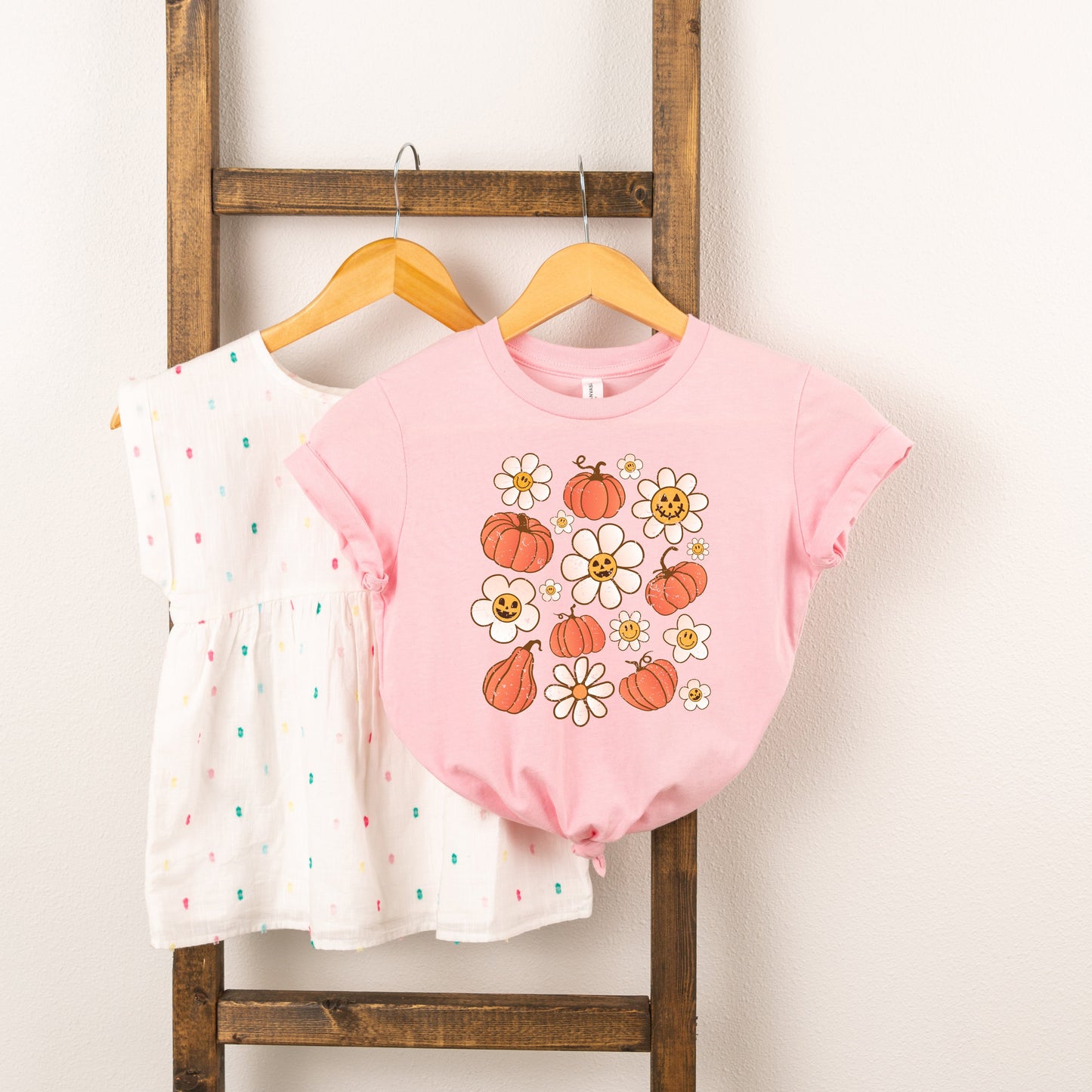 Distressed Flowers And Pumpkins | Toddler Short Sleeve Crew Neck by The Juniper Shop