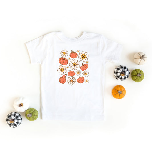 Distressed Flowers And Pumpkins | Toddler Short Sleeve Crew Neck by The Juniper Shop