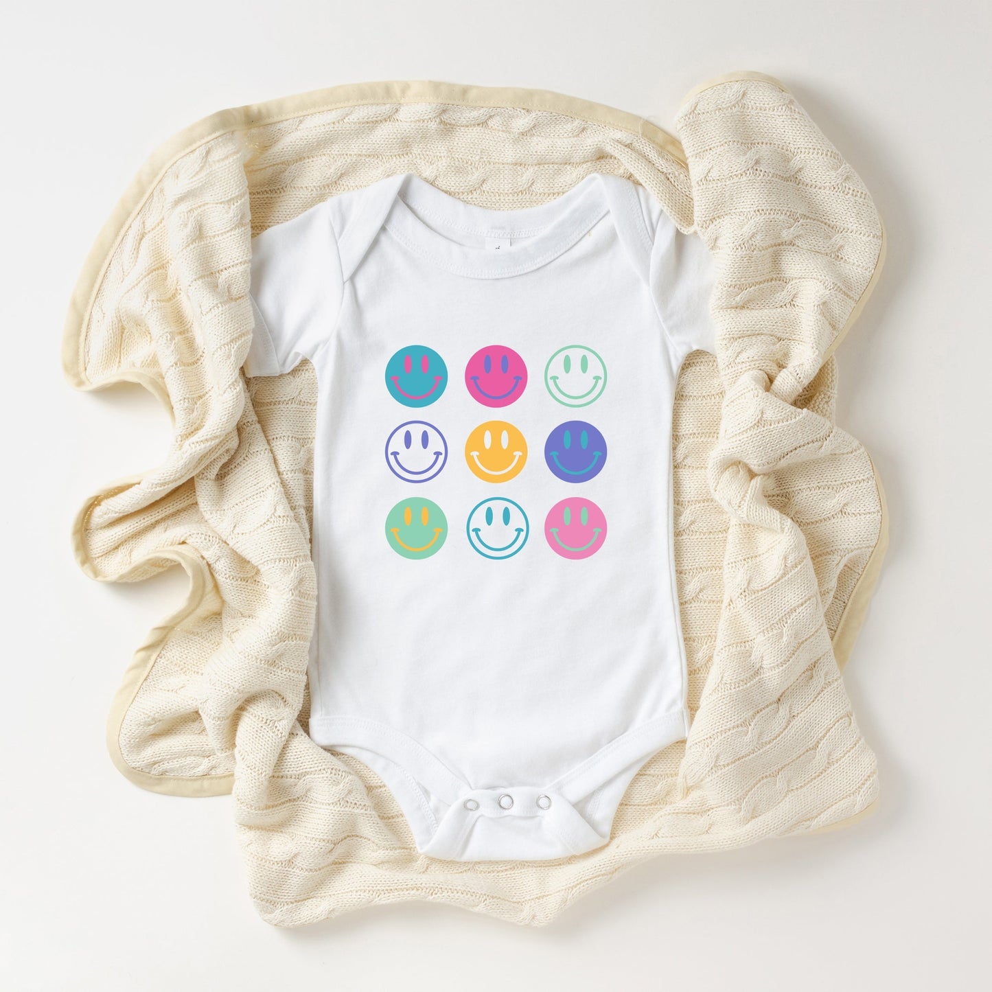 Stacked Smiley Faces | Baby Short Sleeve Crew Neck by The Juniper Shop