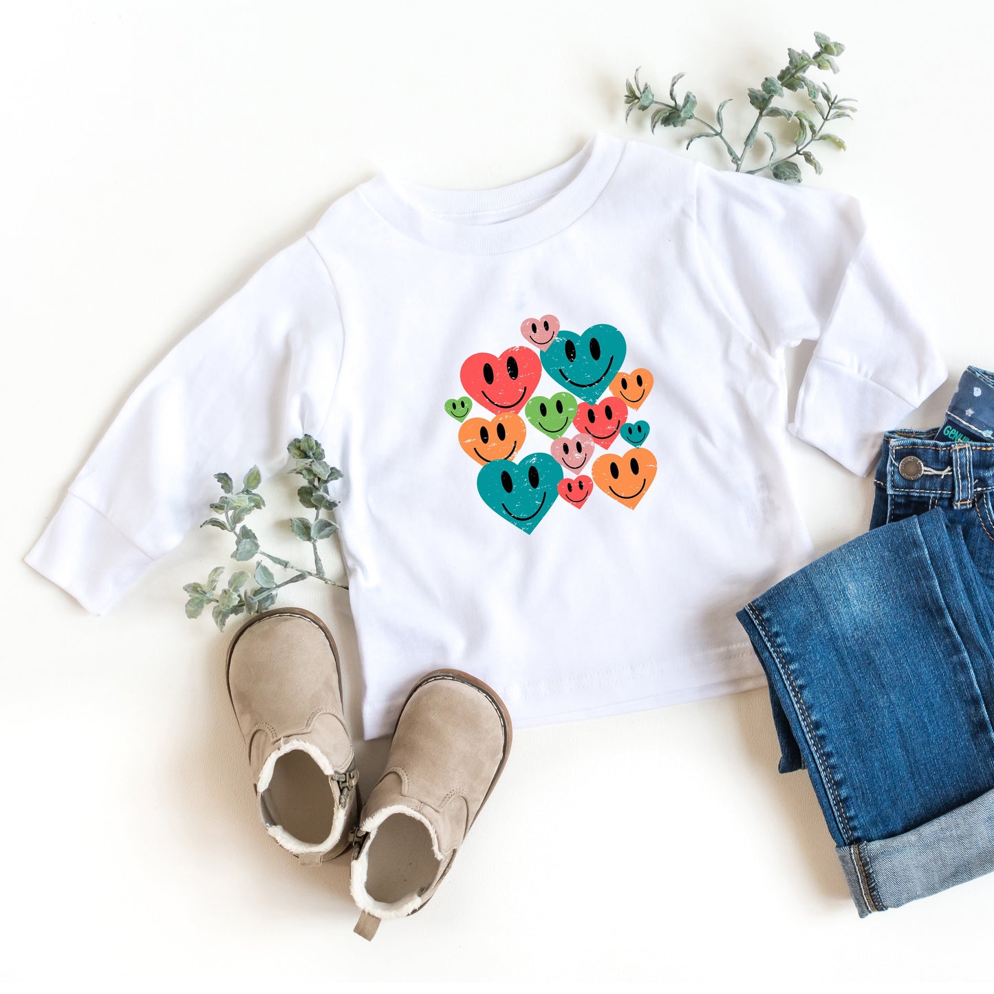 Distressed Smiley Hearts | Toddler Long Sleeve Tee by The Juniper Shop