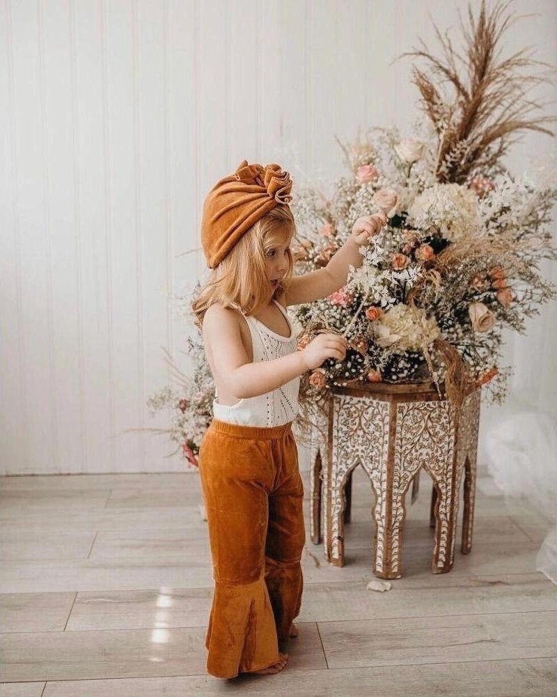 Lina Pleated Velour Bell Bottoms - Camel by Bailey's Blossoms